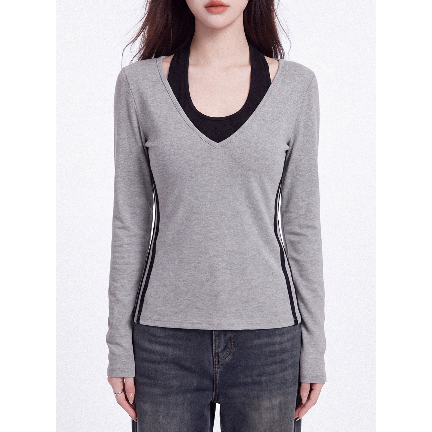 Korean Color Block V-Neck Halter Fake Two-Piece Long Sleeve T-Shirt Women's Fall Slimming Base Layer Top - Image 5