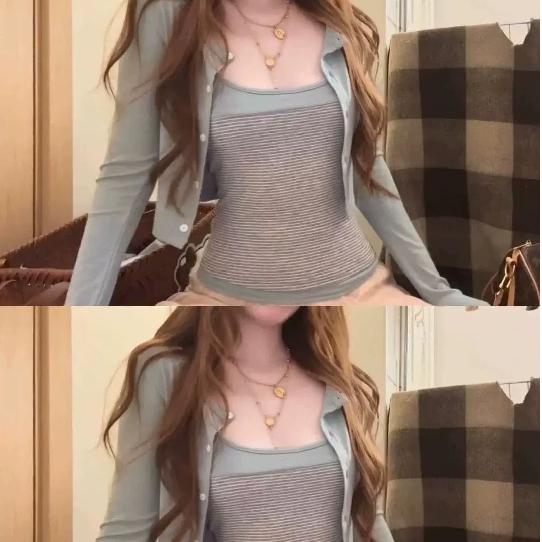 Korean Style Blue Cardigan Long Sleeve T-Shirt Women's Two-Piece Set - Image 3