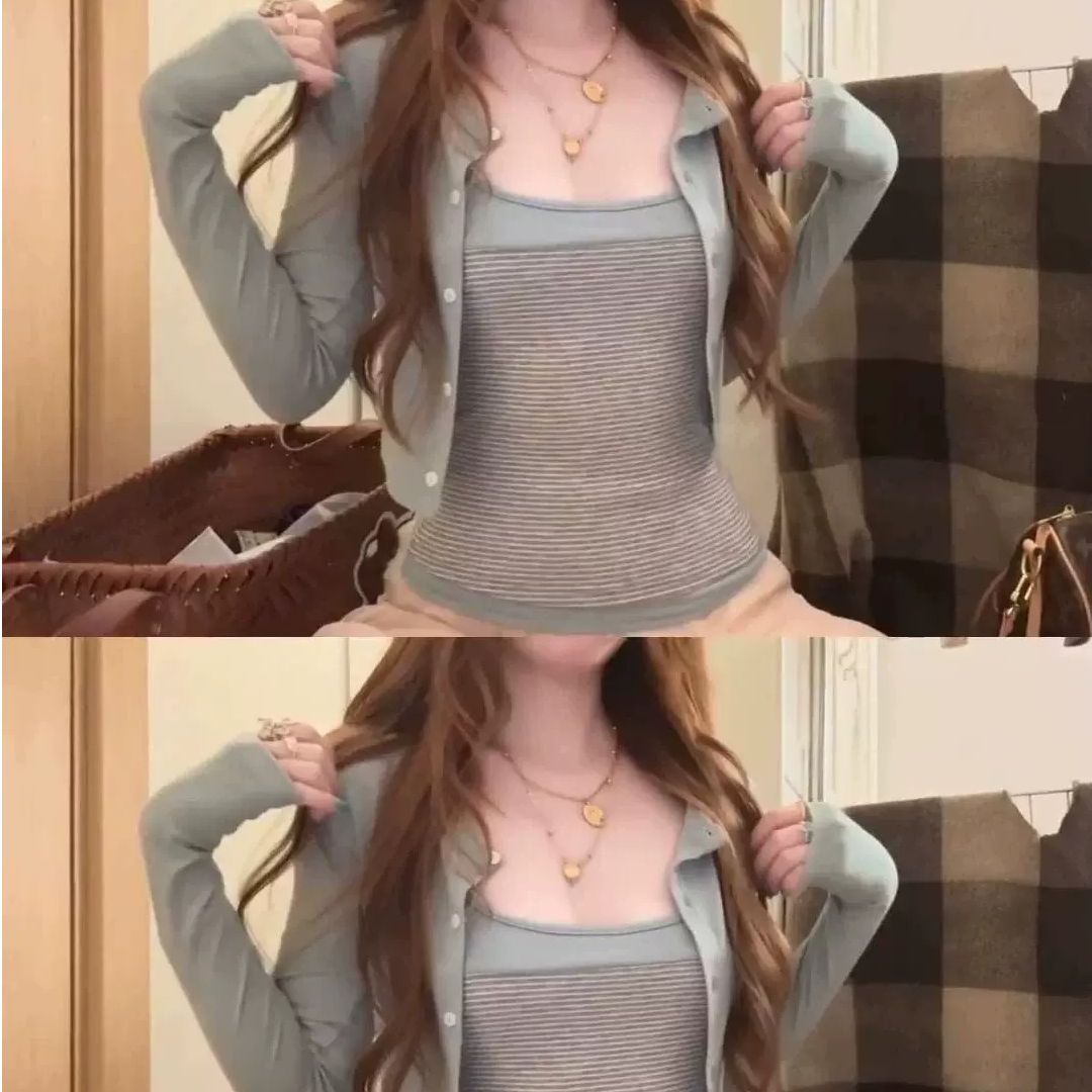Korean Style Blue Cardigan Long Sleeve T-Shirt Women’s Two-Piece Set