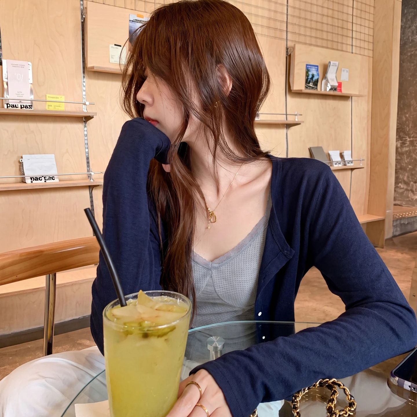 Korean Minimalist Grey Cami and Navy Cardigan Two-Piece Set Early Autumn New Top