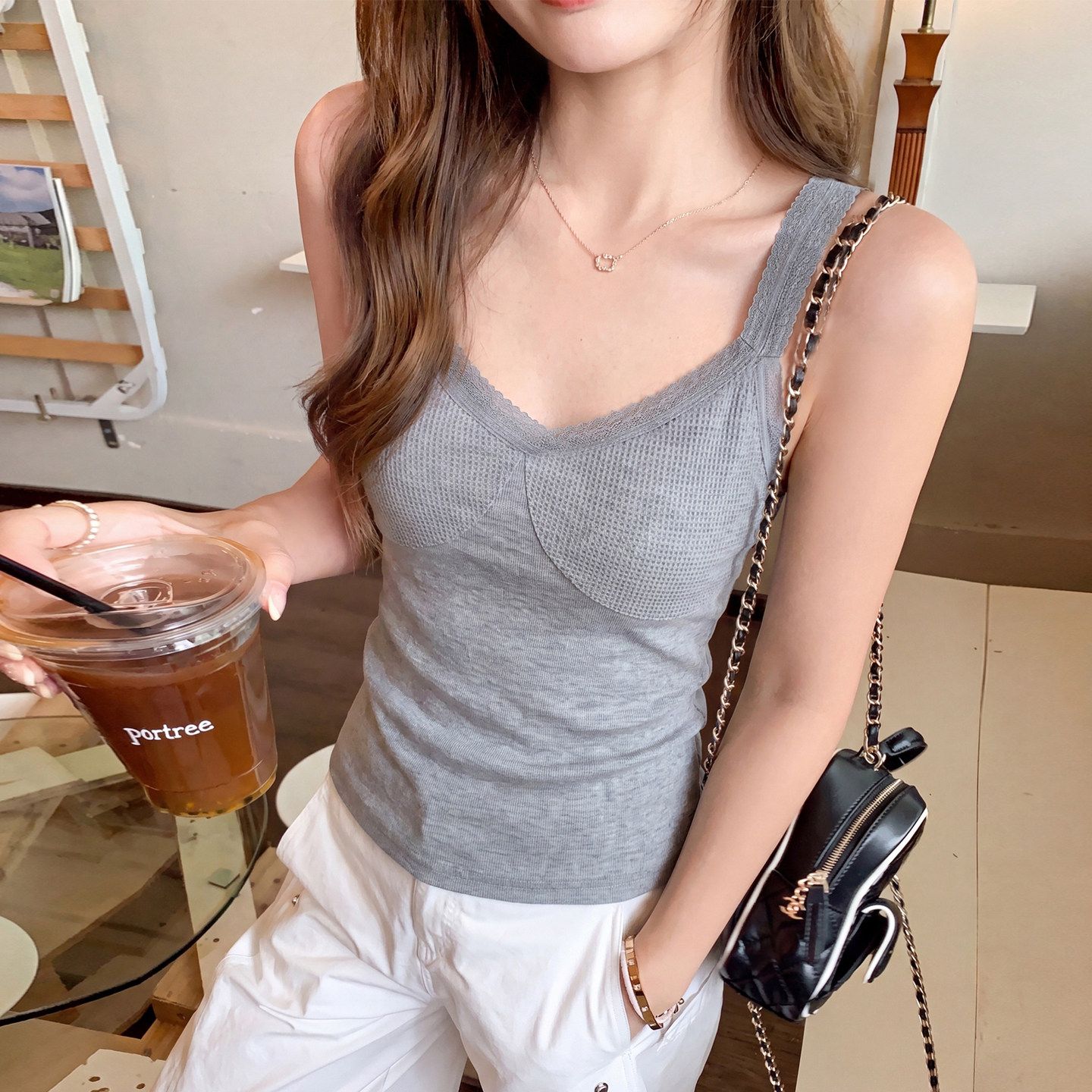Korean Minimalist Grey Cami and Navy Cardigan Two-Piece Set Early Autumn New Top - Image 3