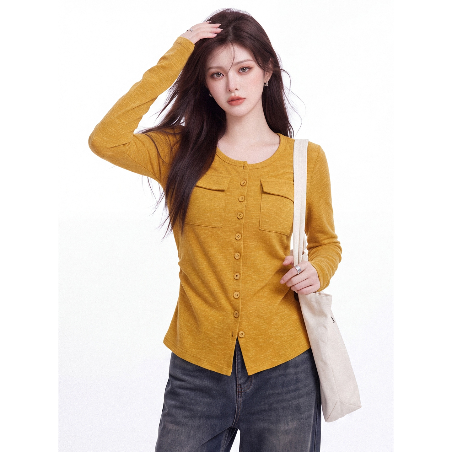 Solid Color Round Neck Single-Breasted Long-Sleeve T-Shirt for Women Autumn New Double-Pocket Slim Short Top