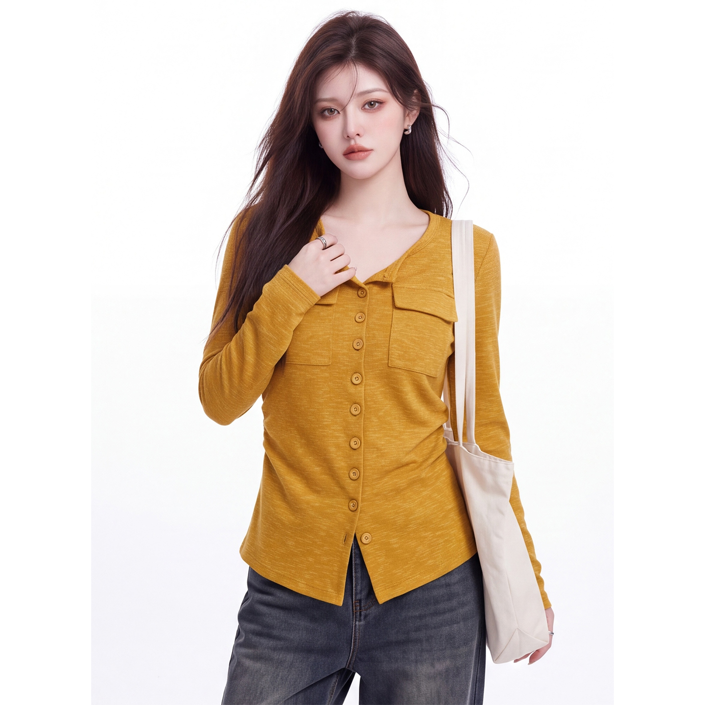 Solid Color Round Neck Single-Breasted Long-Sleeve T-Shirt for Women Autumn New Double-Pocket Slim Short Top