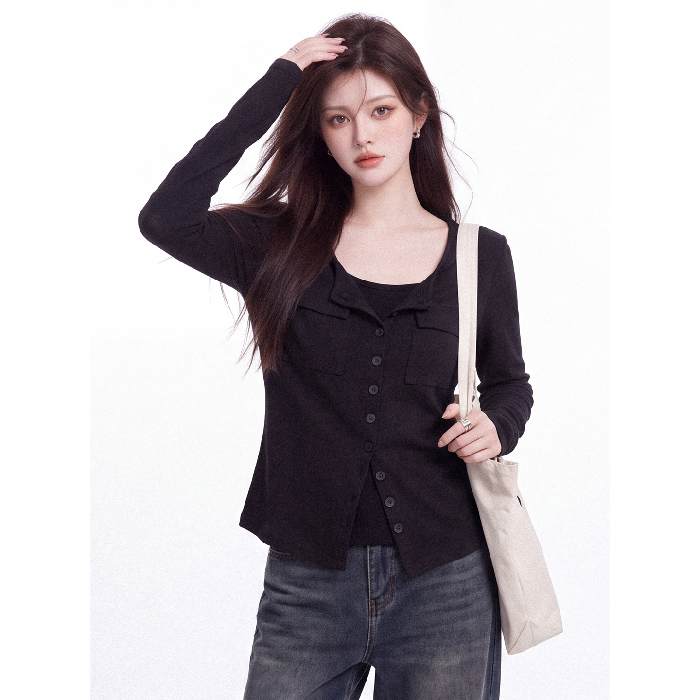 Solid Color Round Neck Single-Breasted Long-Sleeve T-Shirt for Women Autumn New Double-Pocket Slim Short Top - Image 3