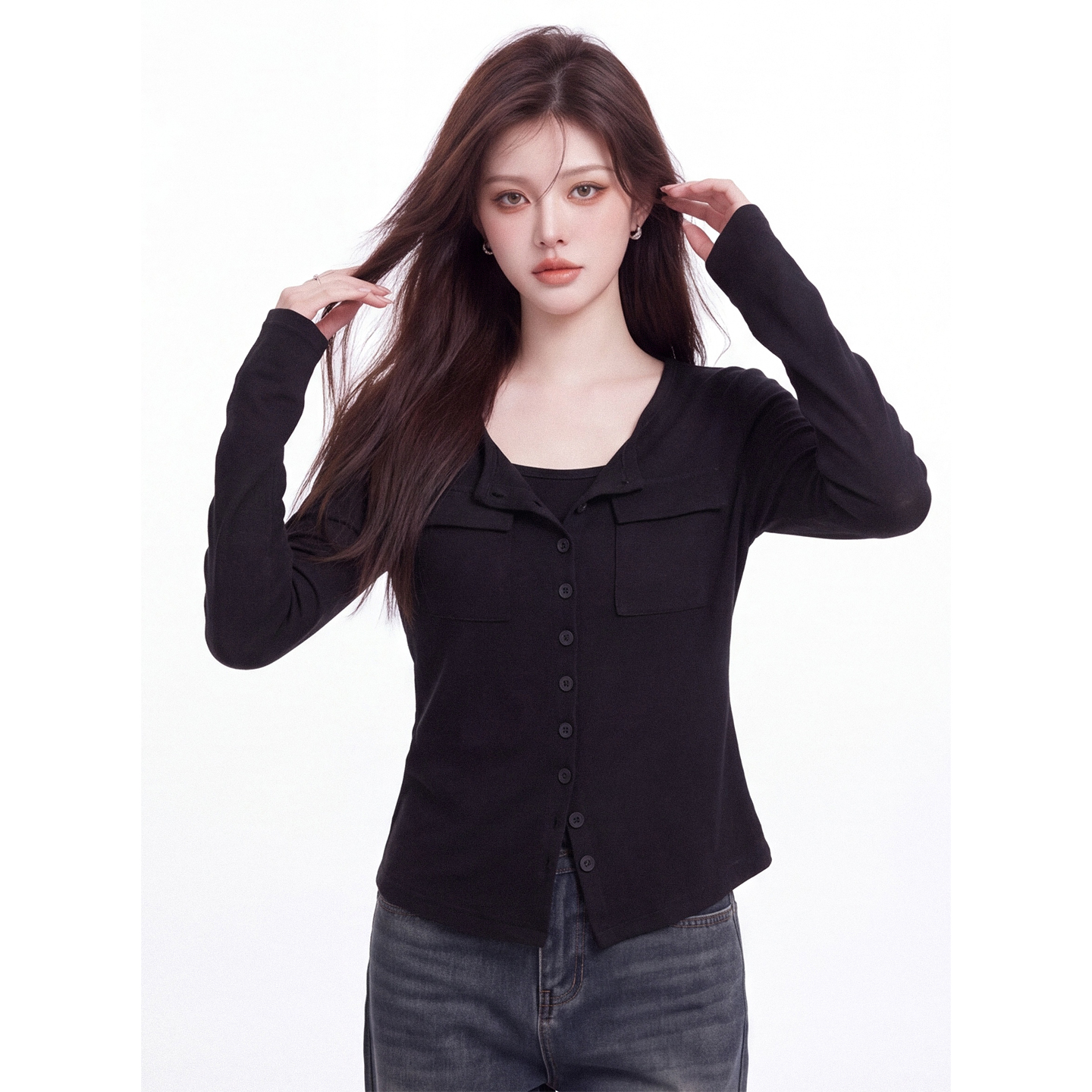Solid Color Round Neck Single-Breasted Long-Sleeve T-Shirt for Women Autumn New Double-Pocket Slim Short Top - Image 4