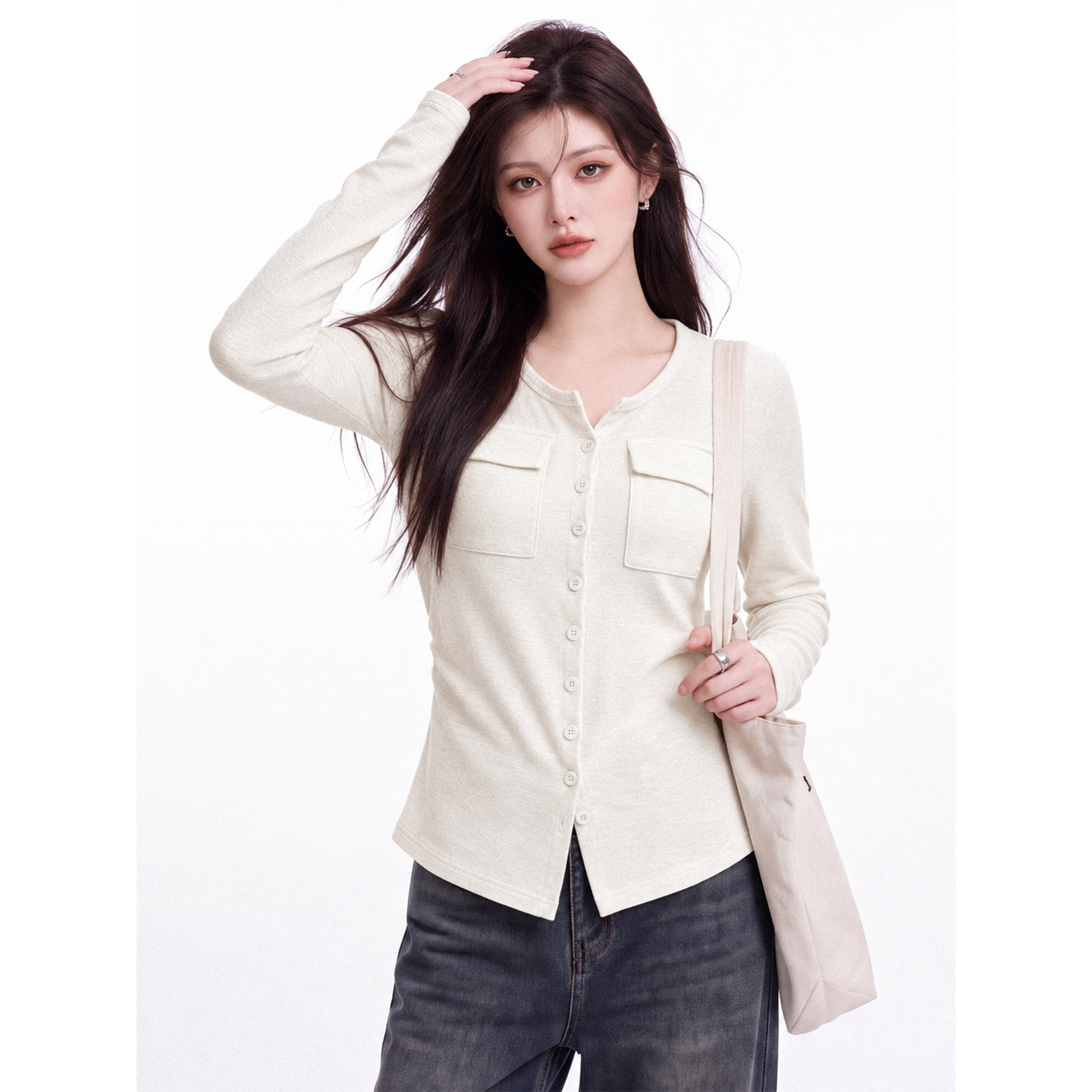 Solid Color Round Neck Single-Breasted Long-Sleeve T-Shirt for Women Autumn New Double-Pocket Slim Short Top - Image 5