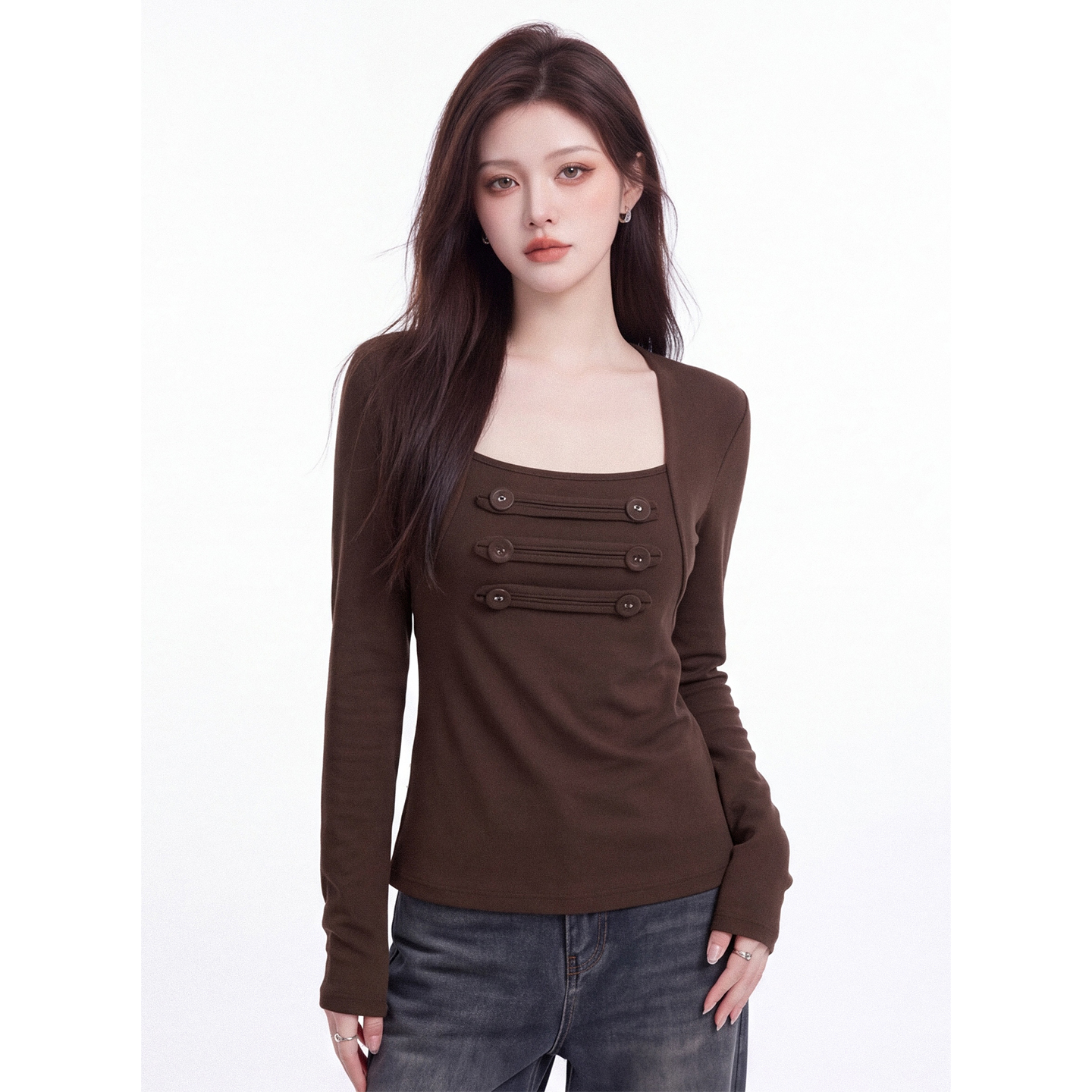 Women’s Shawl Design Long Sleeve Mock Layer T-Shirt Square Neck Slim Fit Fall Top