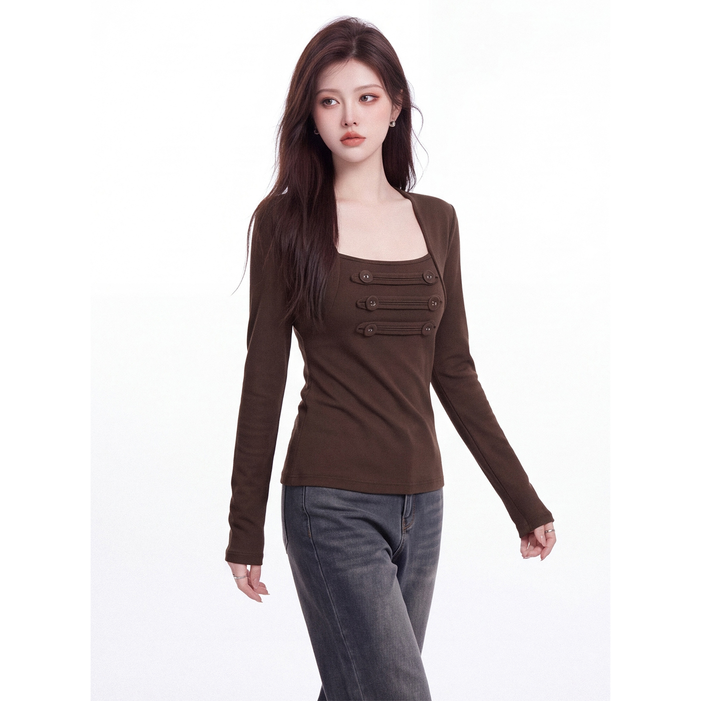 Women's Shawl Design Long Sleeve Mock Layer T-Shirt Square Neck Slim Fit Fall Top - Image 3