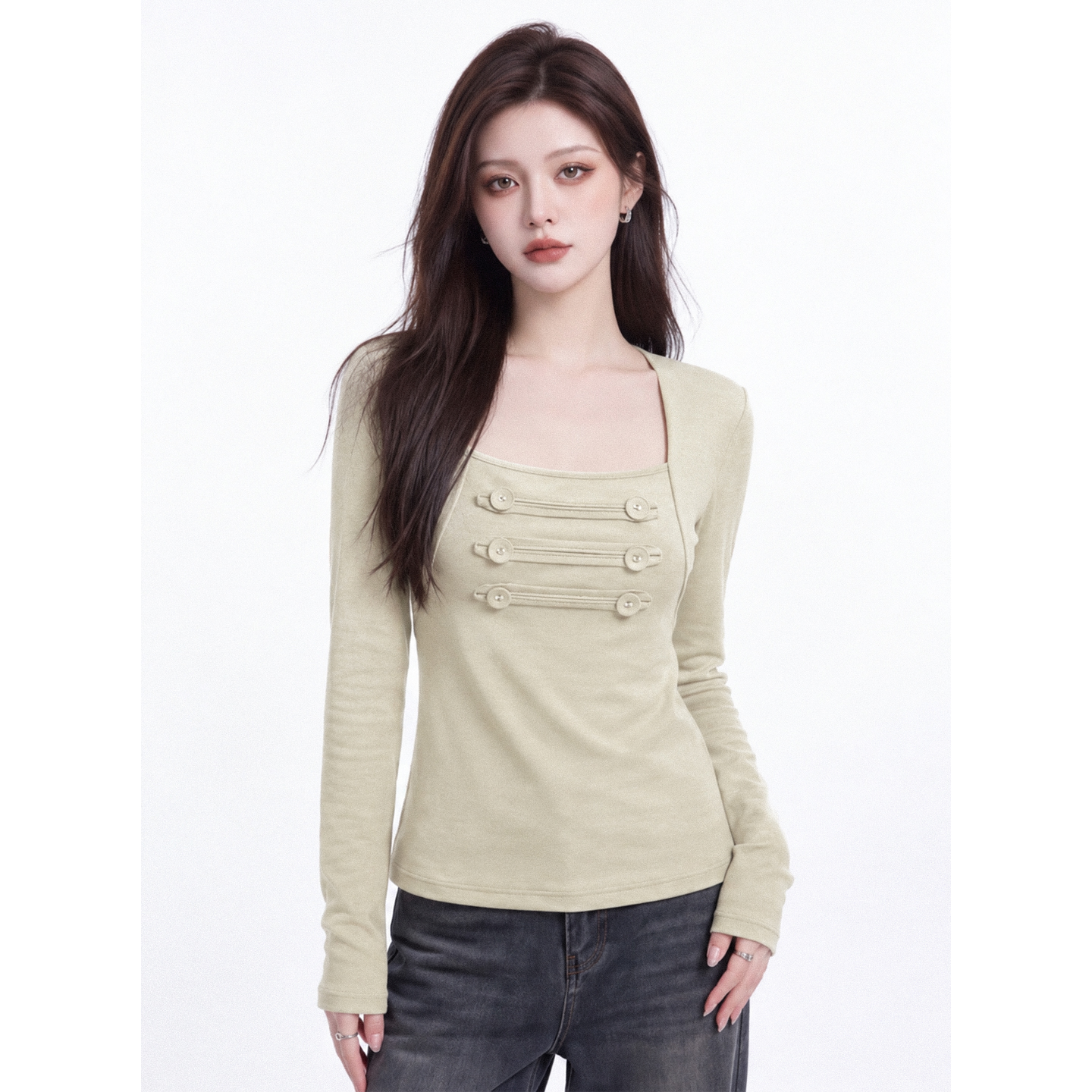 Women's Shawl Design Long Sleeve Mock Layer T-Shirt Square Neck Slim Fit Fall Top - Image 4