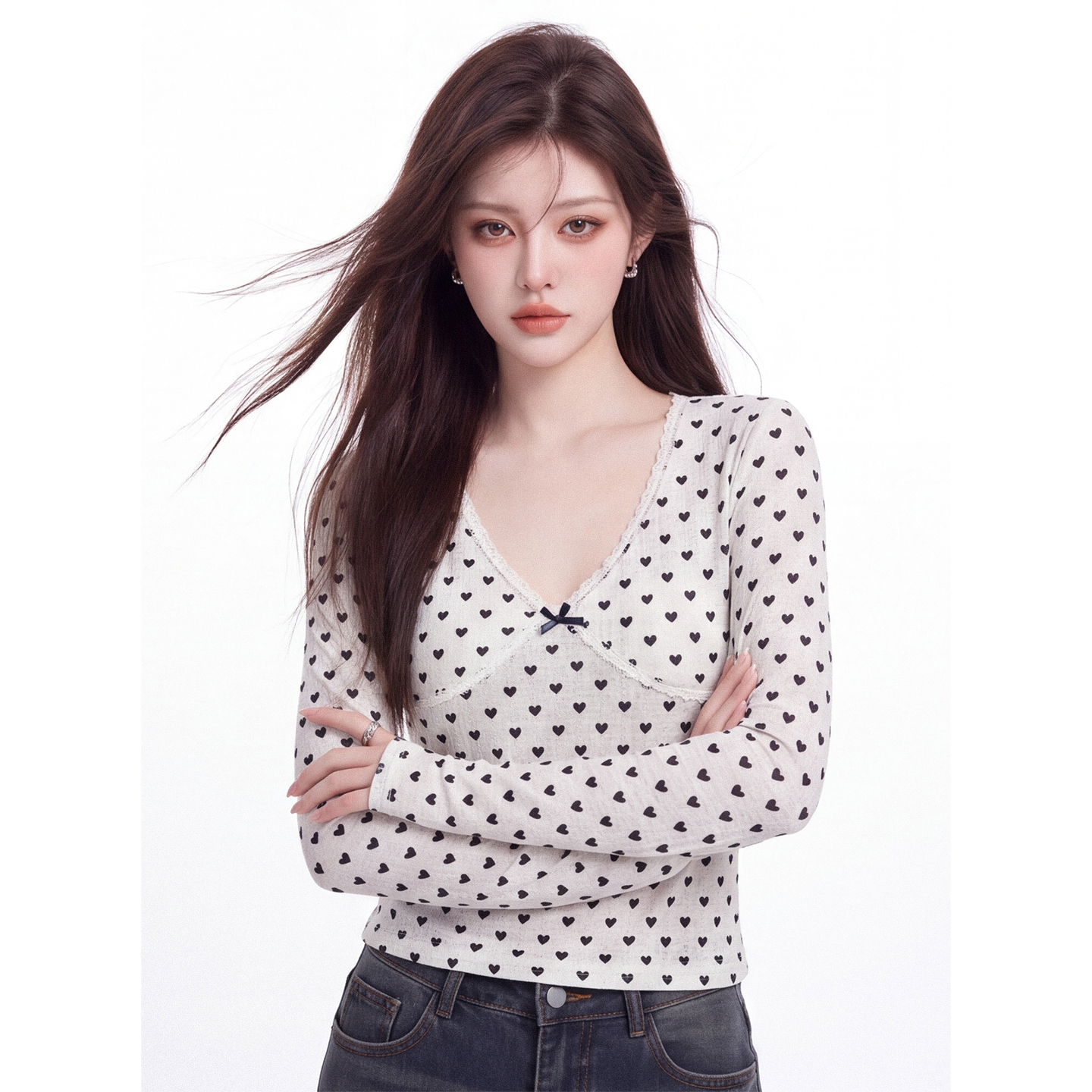 Sweet and Spicy V-Neck Long Sleeve T-Shirt with Padded Bust and Bow for Women Autumn Heart Print Base Layer