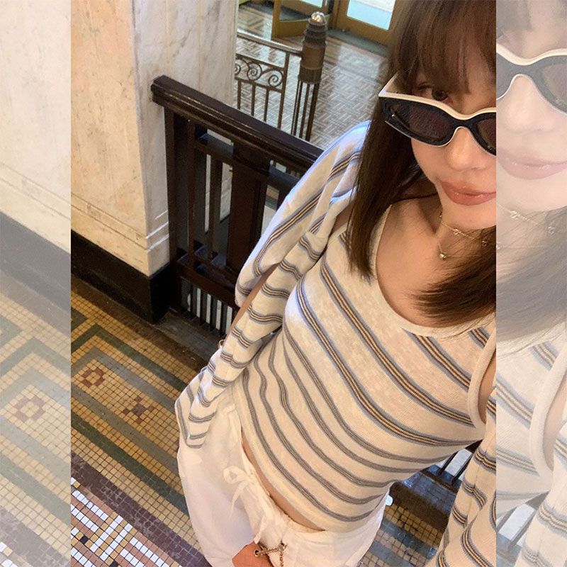 Korean Style Striped Long Sleeve Cardigan and Cami Two Piece Set for Women
