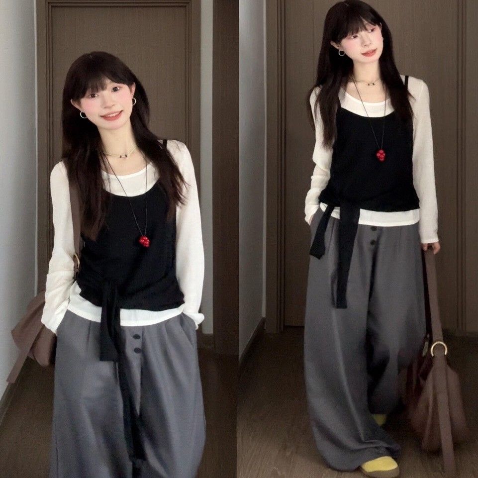 Korean Style Two-Piece Layered Top Set Long Sleeve Women Fall Chic Slimming Base Layer