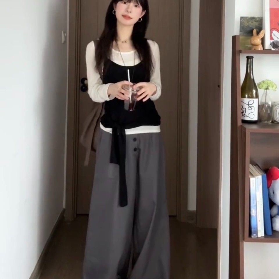 Korean Style Two-Piece Layered Top Set Long Sleeve Women Fall Chic Slimming Base Layer