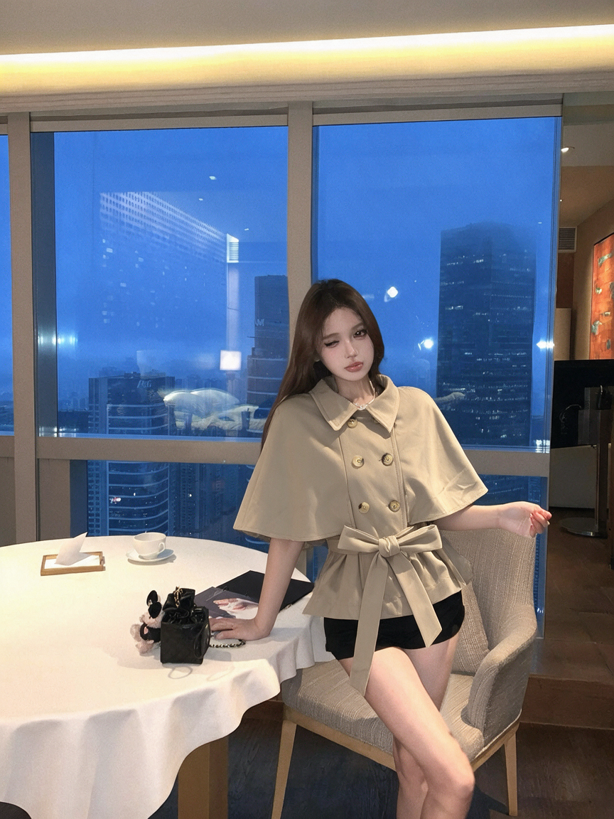 Women's British Style Double Breasted Cape Trench Coat with Belt Short Sleeve Cropped Jacket - Image 3