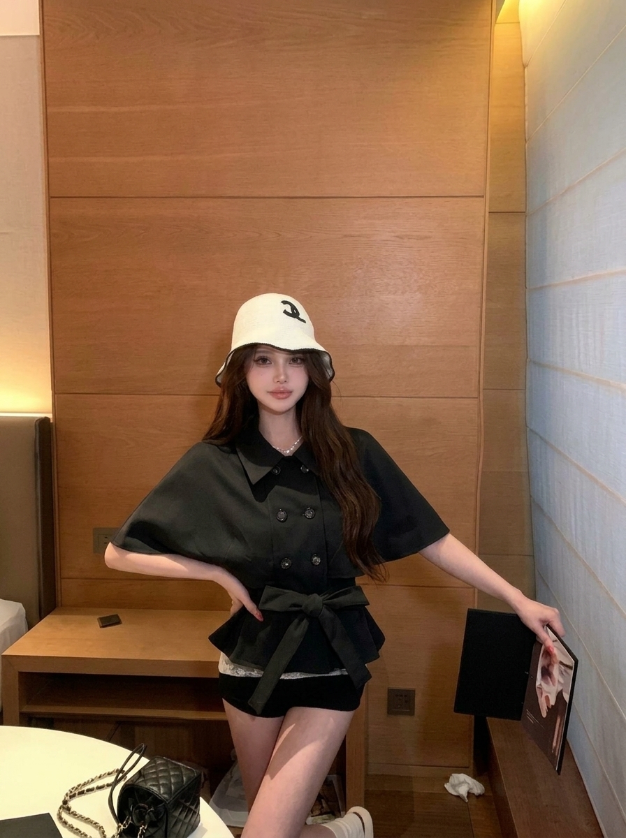 Women's British Style Double Breasted Cape Trench Coat with Belt Short Sleeve Cropped Jacket - Image 4