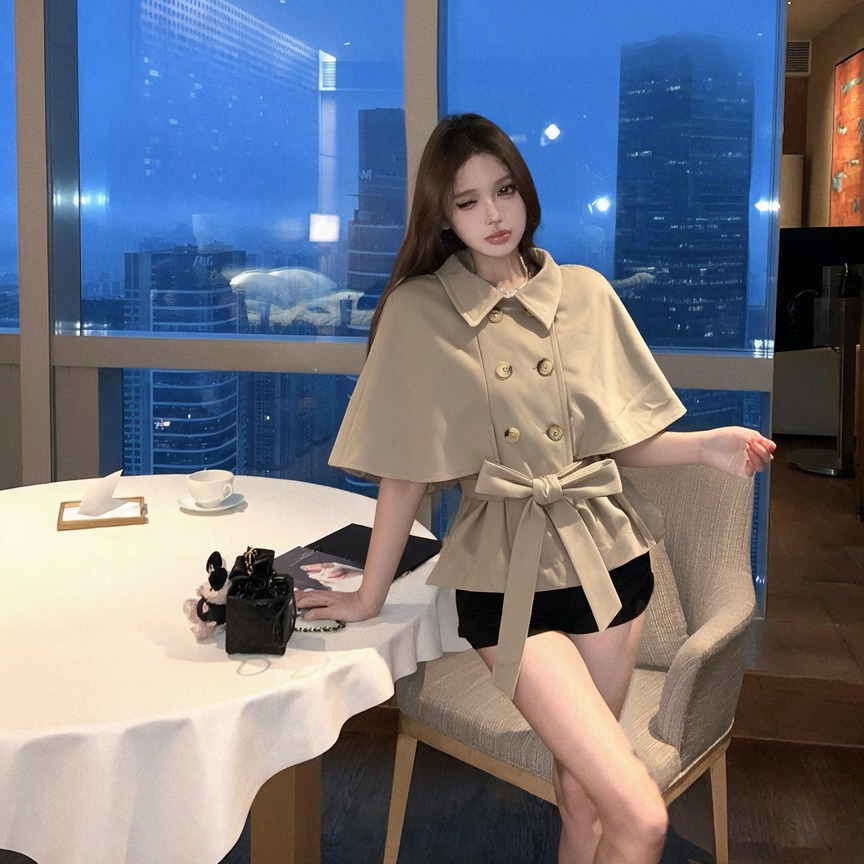 Women's British Style Double Breasted Cape Trench Coat with Belt Short Sleeve Cropped Jacket - Image 5