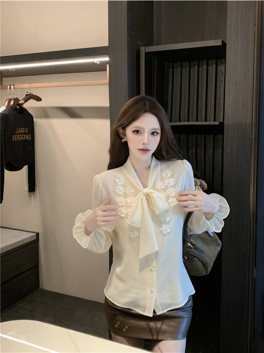 French Style 3D Floral Beaded Button Bow Blouse
