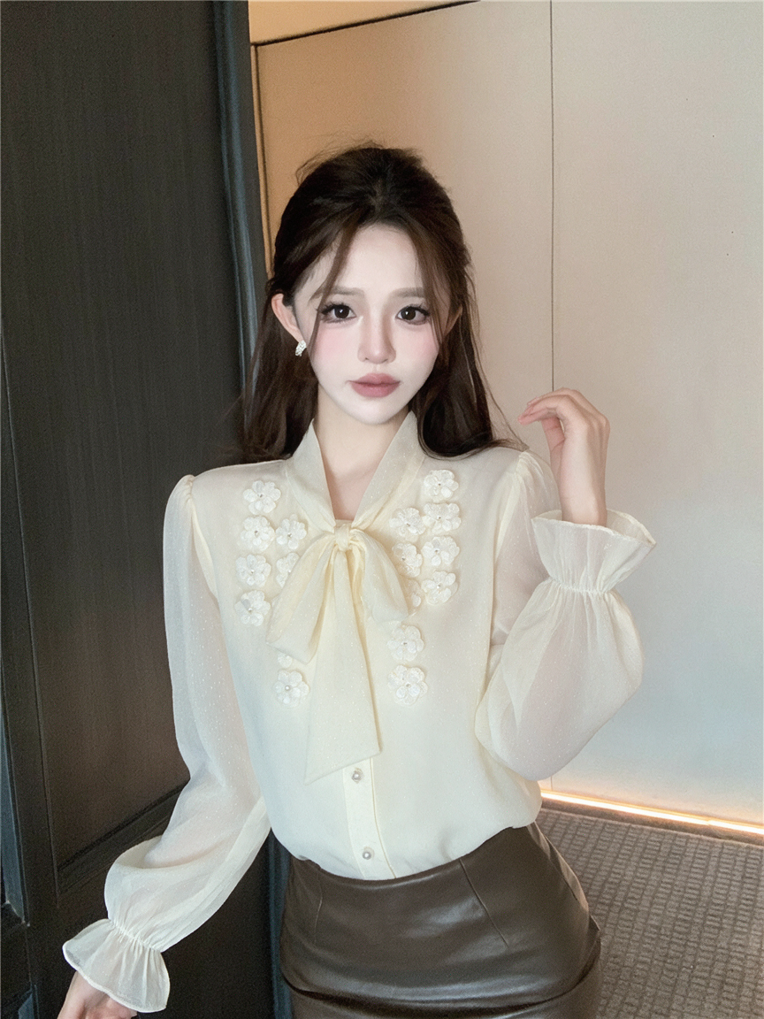 French Style 3D Floral Beaded Button Bow Blouse
