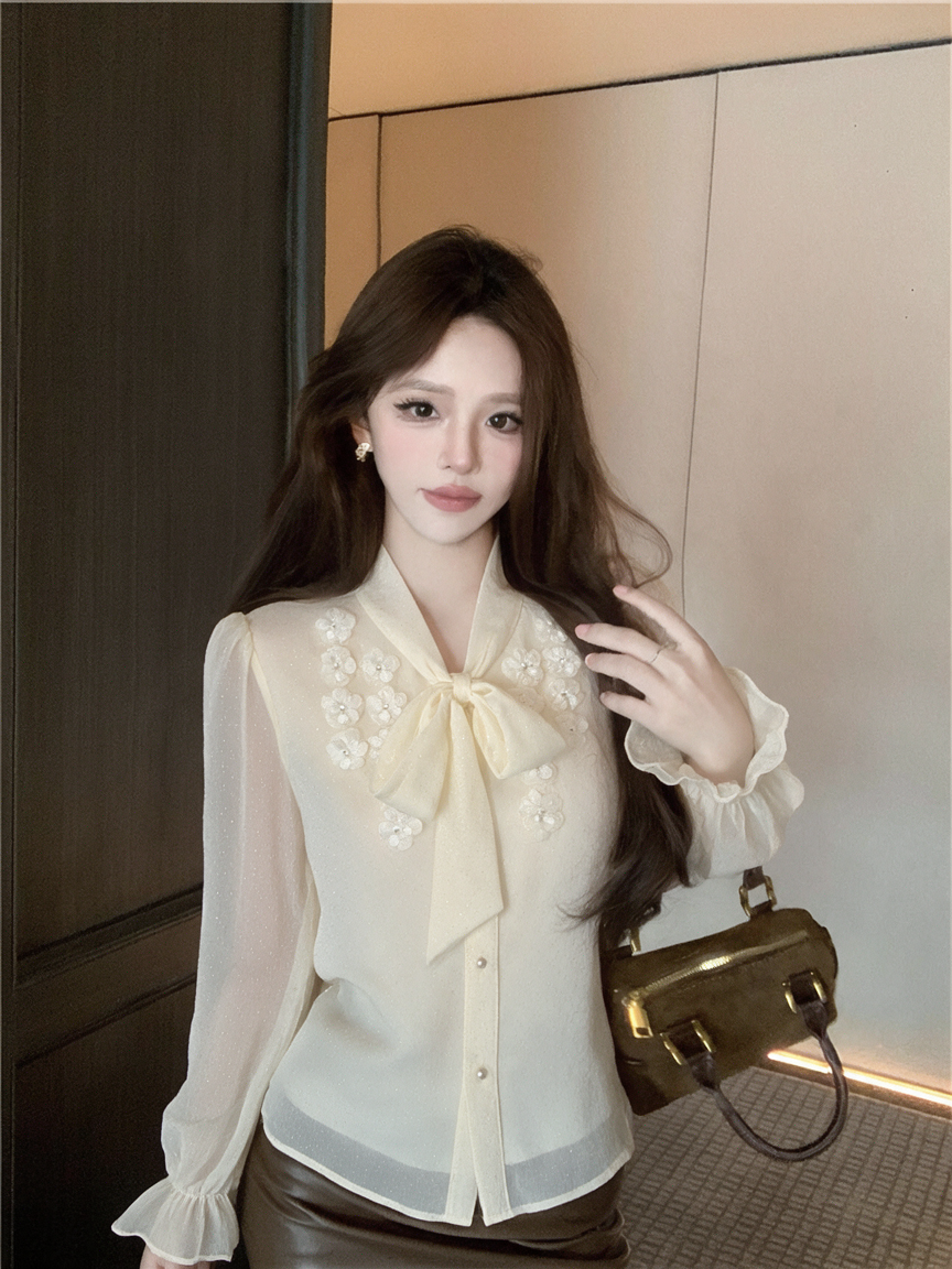 French Style 3D Floral Beaded Button Bow Blouse - Image 3