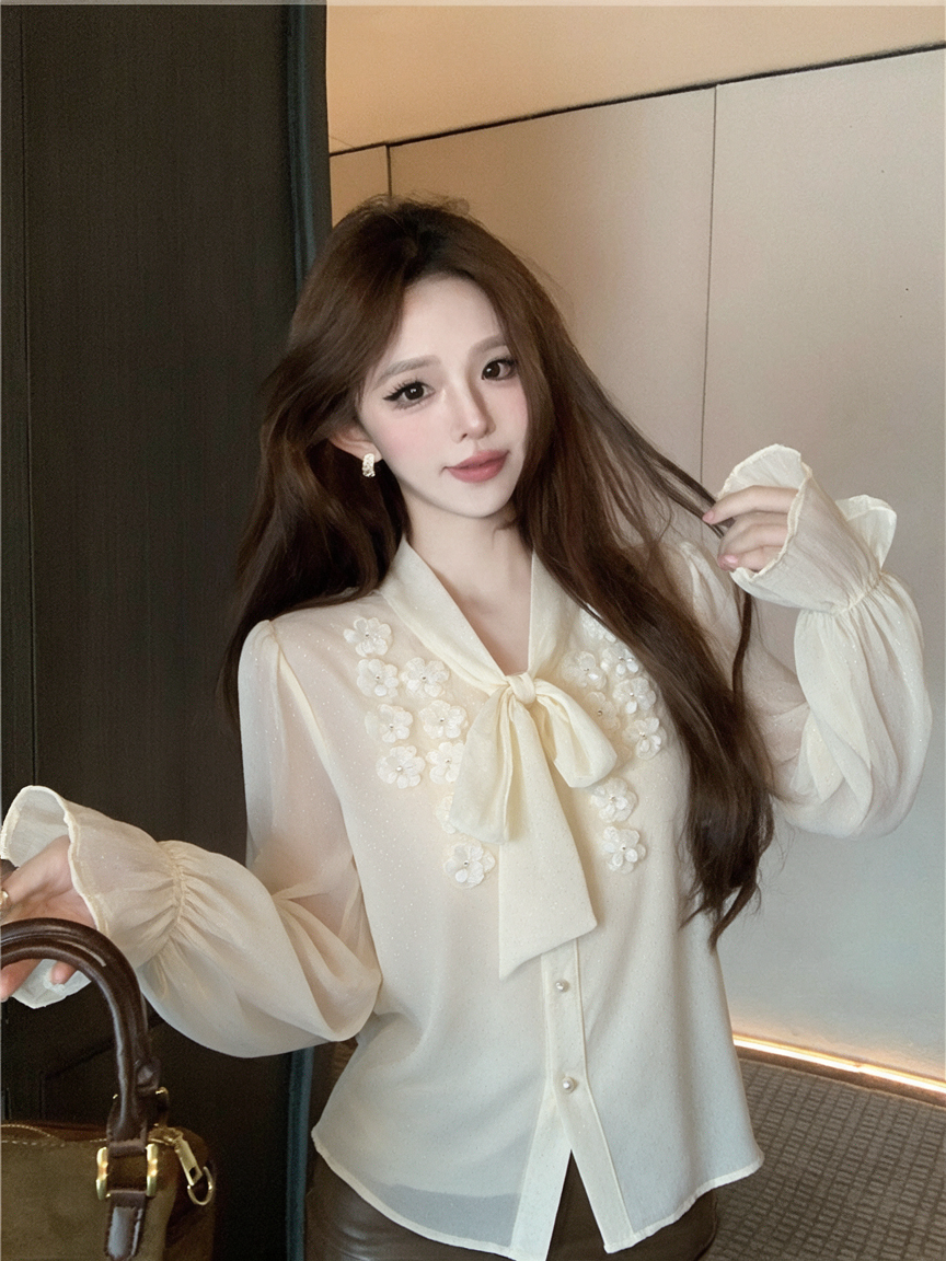 French Style 3D Floral Beaded Button Bow Blouse - Image 4