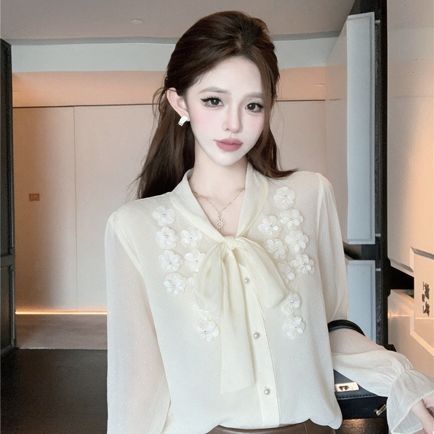 French Style 3D Floral Beaded Button Bow Blouse - Image 5