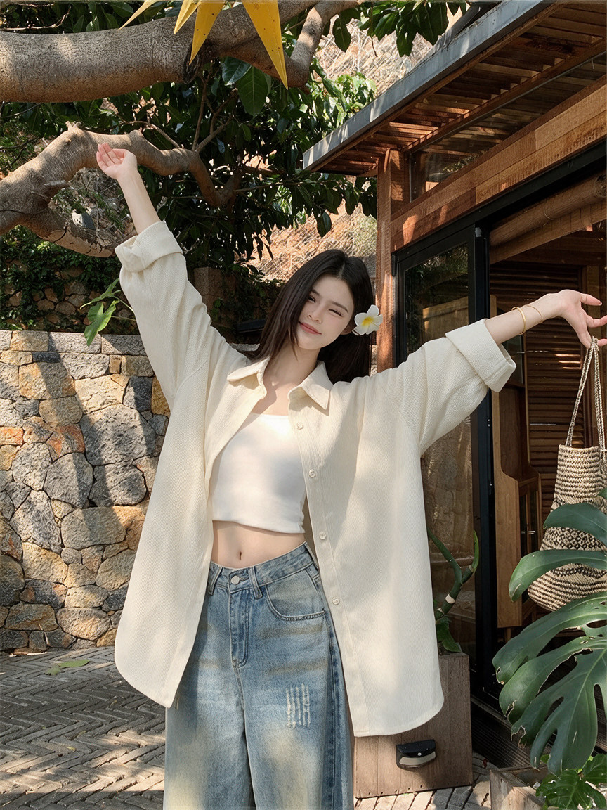 Women's Corduroy Shirt 2026 Fall Long Sleeve Loose Lazy Mid-Length Shirt Jacket - Image 3