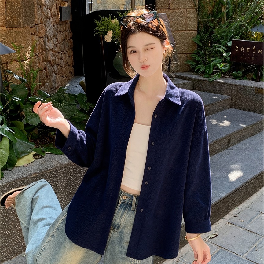 Women's Corduroy Shirt 2026 Fall Long Sleeve Loose Lazy Mid-Length Shirt Jacket - Image 5
