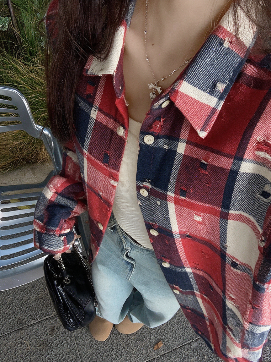 Women’s Vintage Tie-Dye Plaid Shirt Jacket with Distressed Holes