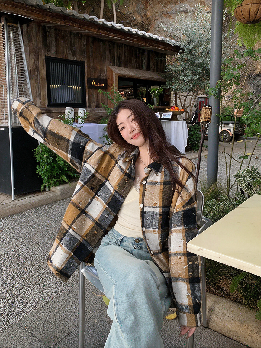 Women’s Vintage Tie-Dye Plaid Shirt Jacket with Distressed Holes